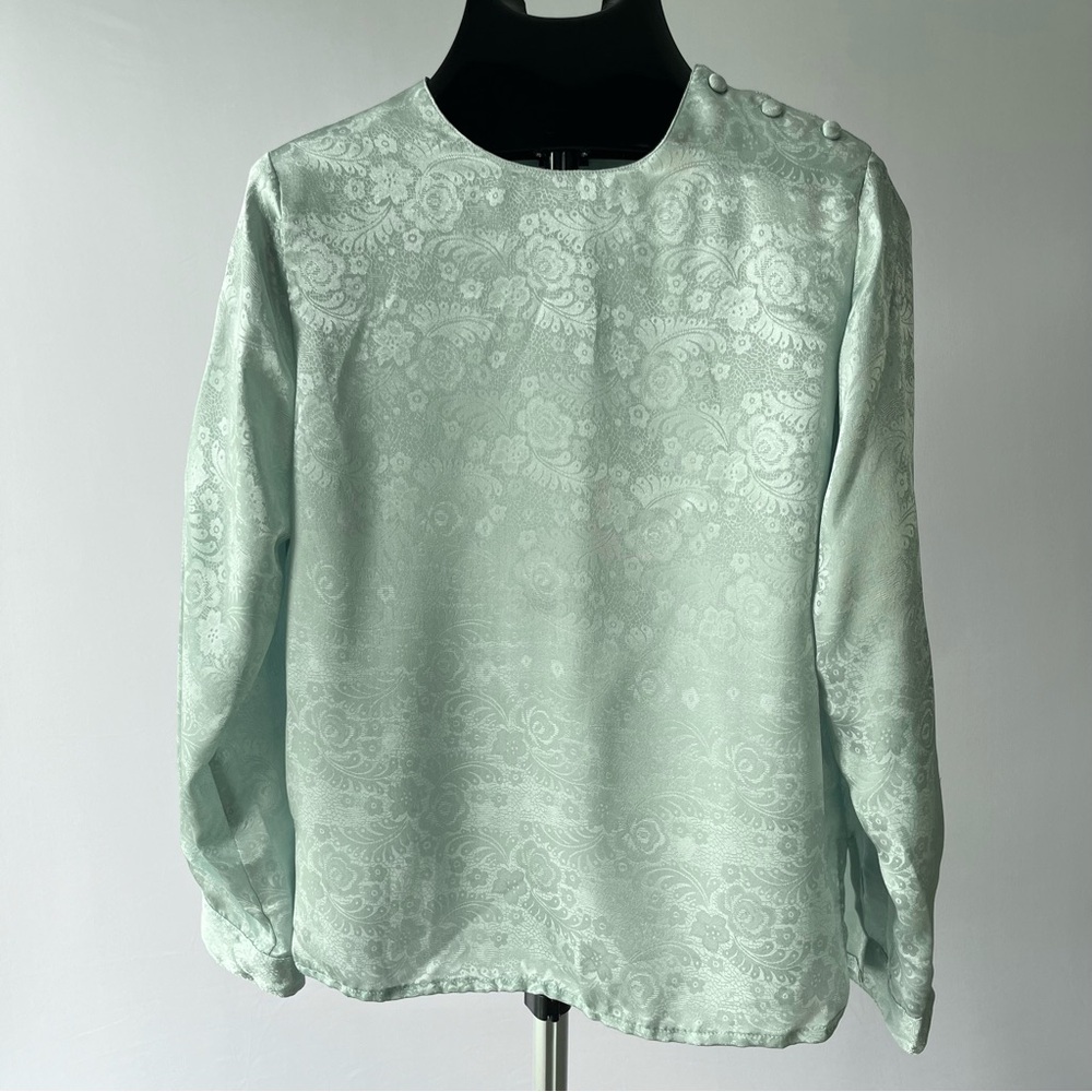 Pale Green Floral Satin Blouse - Size 10